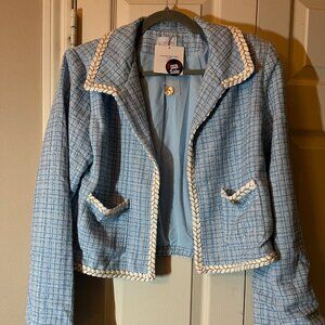 Woman's Sugarlips Light Blue Tweed Jacket Classic Cropped Blazer Large
